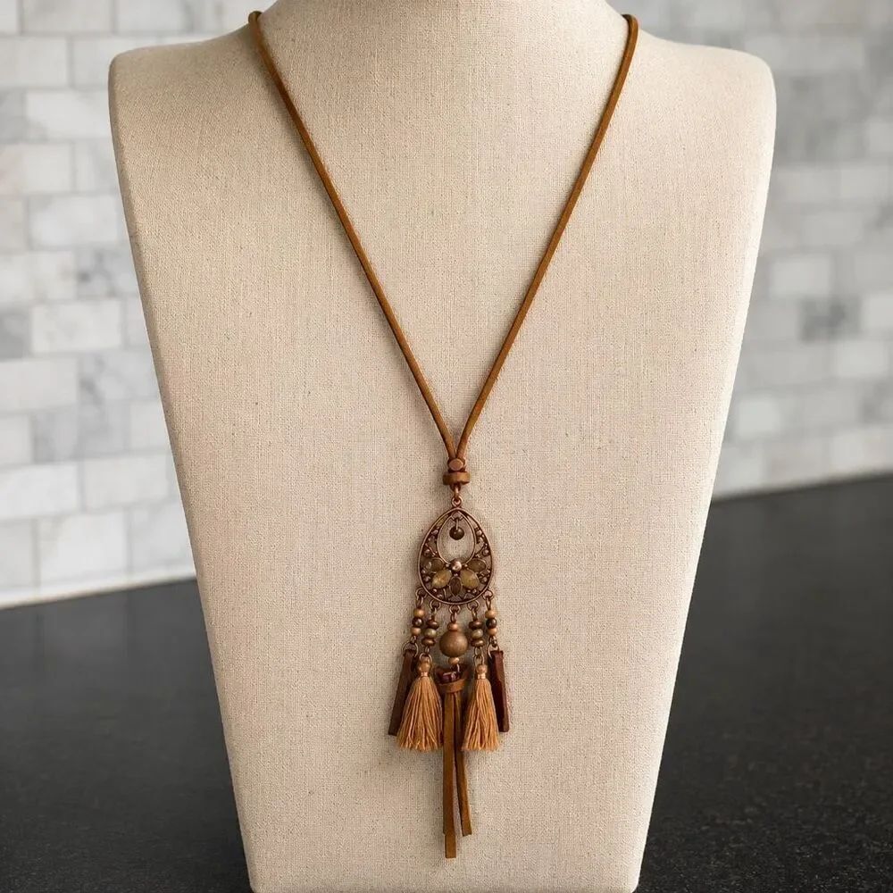 Earthy Pendant Necklace, Tassel. Beads & Copper Accents